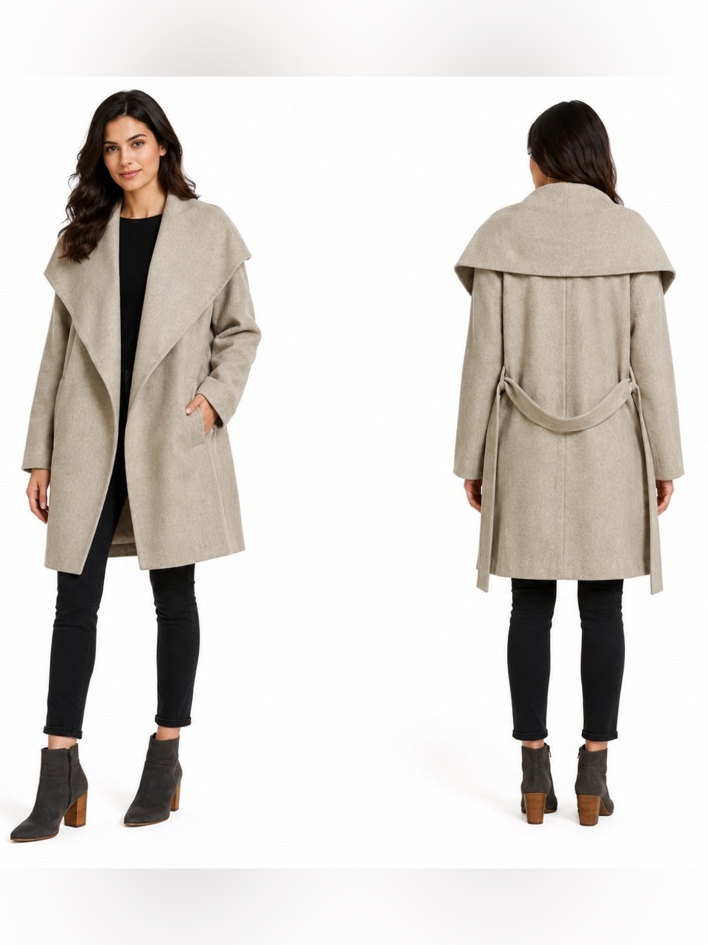 MNG Suit Beige Waterfall Wool Blend Coat | Oversized Shawl Collar Coat